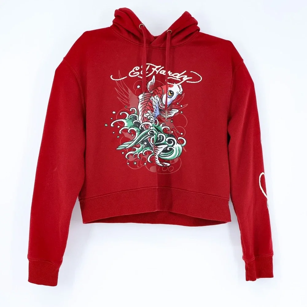 Ed Hardy Sweatshirt Womens L Cropped Koi FIsh Print Hoodie Red Long Sleeve Fit - Picture 1 of 10